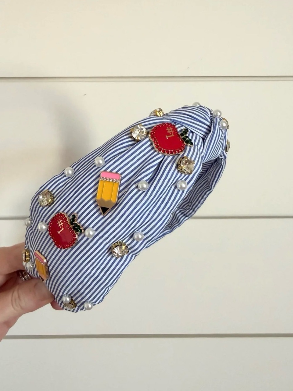 Piper K. Blue Striped Women Headband with Red Apple & Yellow Pencil Charms